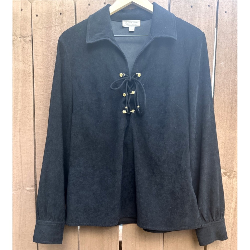 St. John Sport Marie Gray Women Sze Med Lace-Up Popover Shirt Black Gold Accents